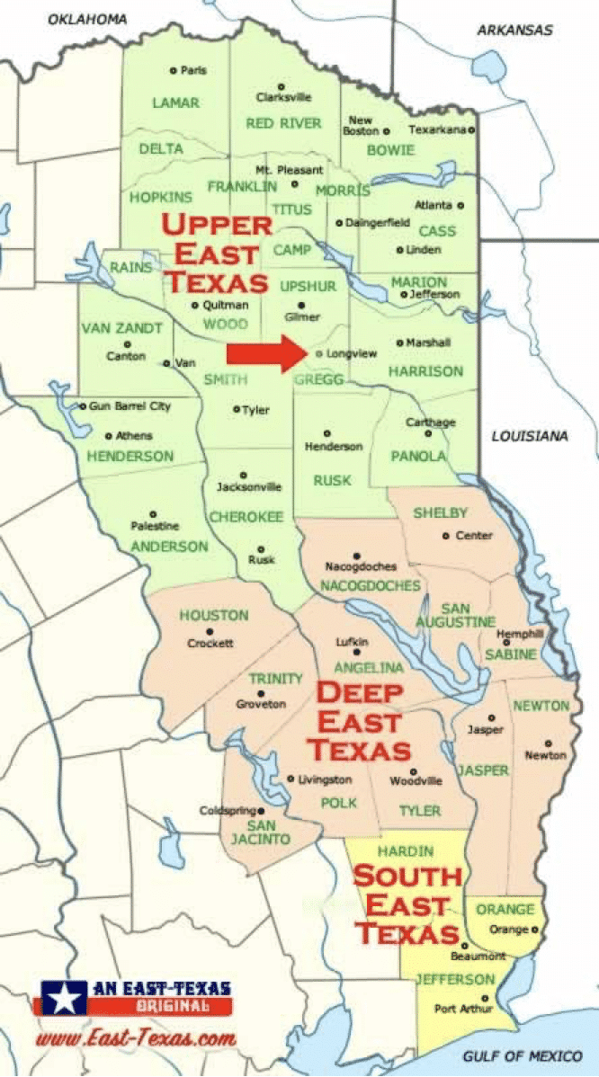 Longview en el mapa del este de Texas